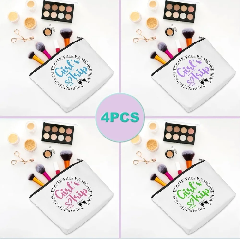 4Pcs Girls Trip Canvas Makeup Bag Set White Zipper Travel Toiletry Pouches 9.6in